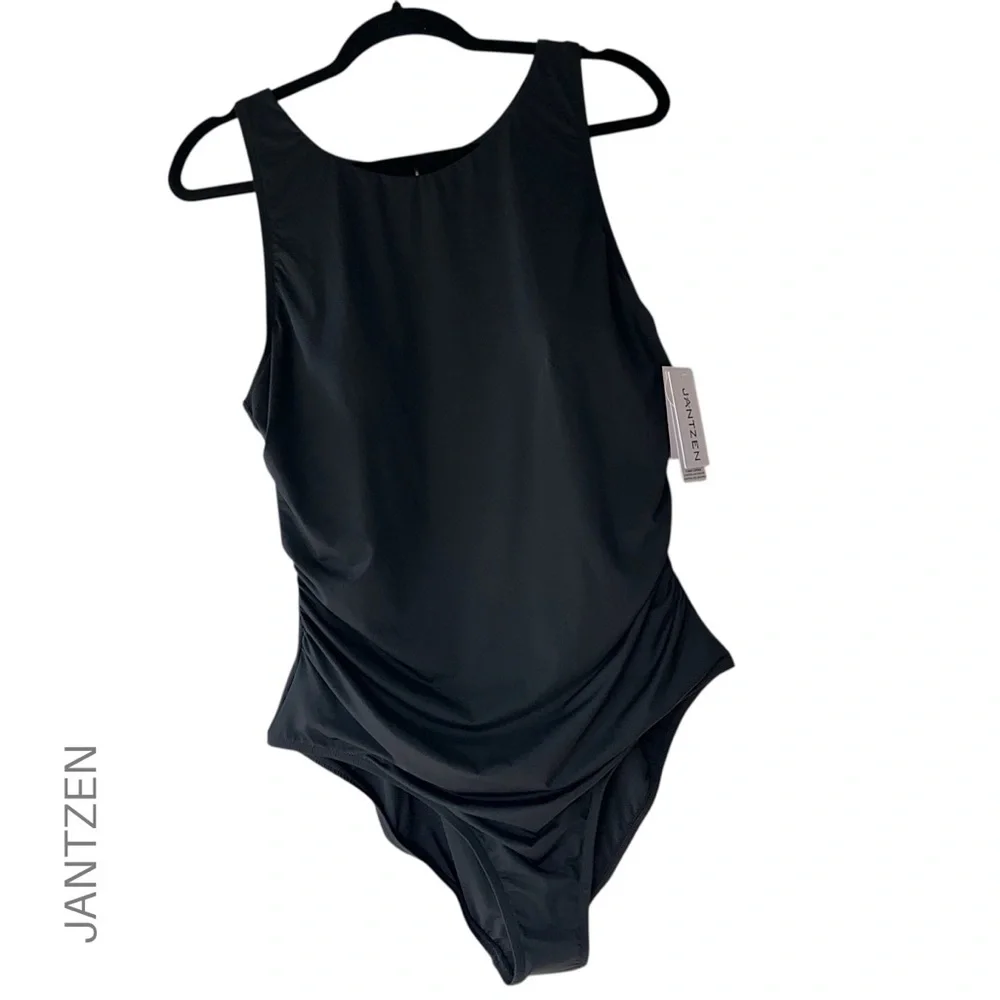 NWT | JANTZEN BLACK ONE-PIECE RUCHED SIDES RACERBACK UPF50 TUMMY CONTROL | 16